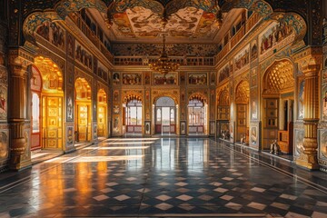 Obraz premium A large room featuring a checkered pattern on the floor and walls, An imposing royal palace adorned with intricate art and gold leaf, AI Generated