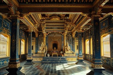 Fototapeta premium A photograph showcasing a large room with a checkered floor and walls, An imposing royal palace adorned with intricate art and gold leaf, AI Generated
