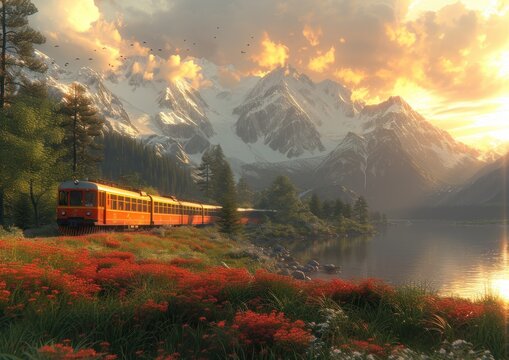 Ancient Train Passes Through a Grass Field with Snowy Mountains in the Background at sunset