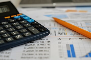 A calculator and pencil are positioned on top of a paper filled with equations and calculations, An in-depth look at a financial calculator, AI Generated