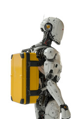 White humanoid robot with a yellow backpack on his back isolated on transparent background