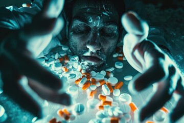 A man is shown in close-up, holding a variety of pills tightly in his hands, An individual in the grip of opioid addiction, AI Generated - obrazy, fototapety, plakaty