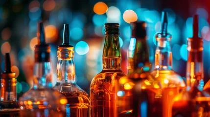 Poster Silhouetted alcohol bottles with pour spouts against a backdrop of warm, glowing bokeh lights. © MP Studio