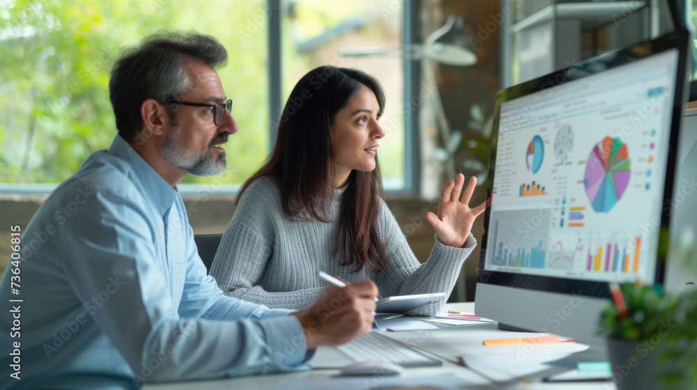 Poster two professionals are engaged in a discussion over a computer displaying colorful analytical graphs,