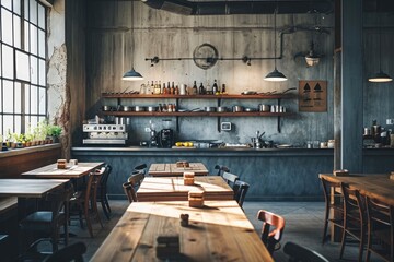 A well-lit restaurant with wooden tables and chairs, creating a warm and inviting atmosphere for diners, A grungy, industrial style empty restaurant kitchen with metallic surfaces, AI Generated