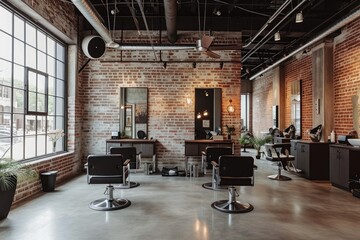 A brightly lit salon with a brick wall and numerous chairs for customers to receive hair and beauty services, An industrial-style hair salon with exposed brick and steel furniture, AI Generated