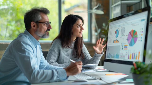 Two professionals are engaged in a discussion over a computer displaying colorful analytical graphs, suggesting a collaborative business meeting or data review session.