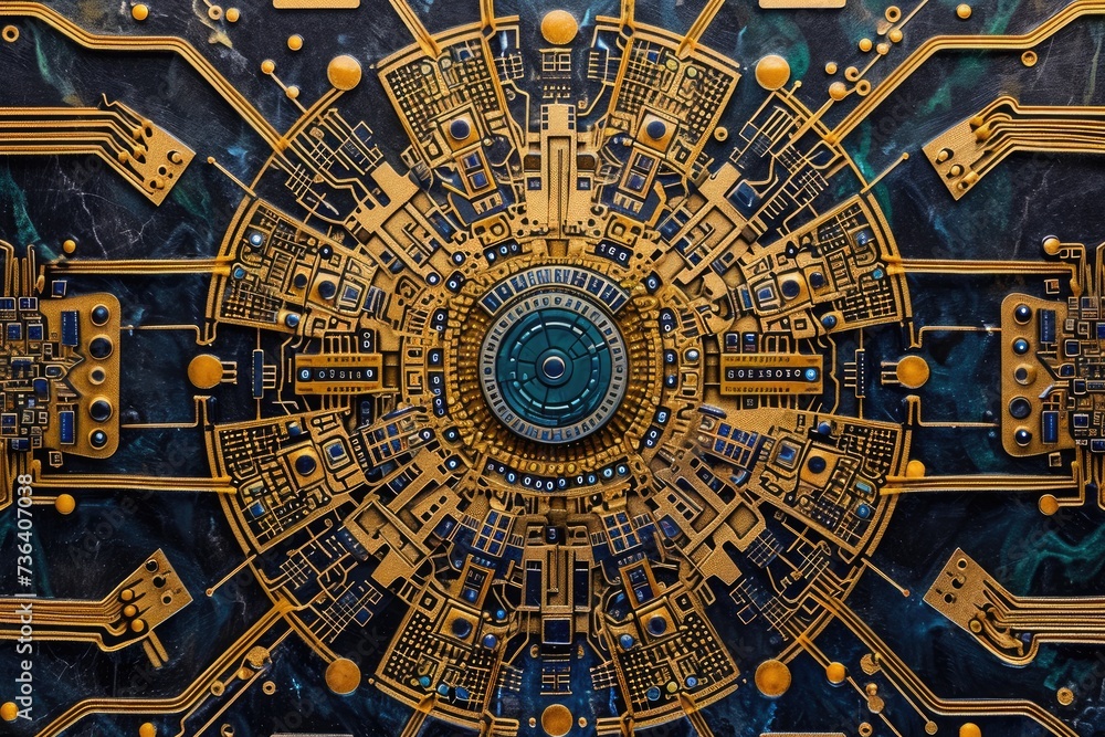 Poster close up of computer circuit board with electronic components and copper traces, an information tech