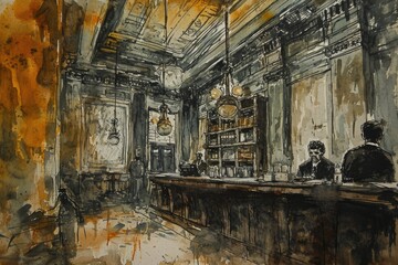 Painting of a Bar in a Brick-Building Interior, An ink and wash painting of an age-old banking system, AI Generated
