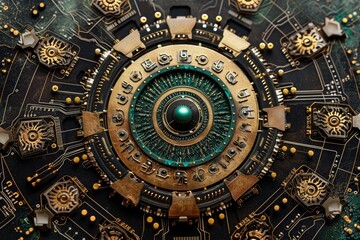 Close-up of Clock With Green Center, An information technology-themed mandala depicting motifs of computer hardware, AI Generated - obrazy, fototapety, plakaty