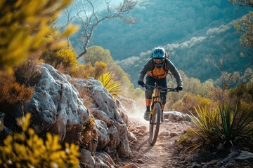 Obraz premium A man confidently rides a mountain bike down a dirt trail with skill and agility, An inspiring mountain biker conquering a rocky path, AI Generated