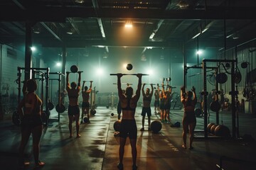 A diverse group of individuals are seen actively participating in various workout activities at a well-equipped gym, An intense CrossFit session in a warehouse-style gym, AI Generated
