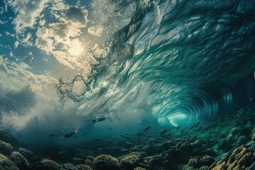 Underwater View of Ocean With Massive Wave Breaking, An interesting perspective of under-the-wave shot with marine life, AI Generated