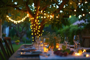 Table Adorned With Formal Dinner Settings Placed Under a Shady Tree, An intimate dinner setting under twinkling fairy lights in a summertime garden, AI Generated