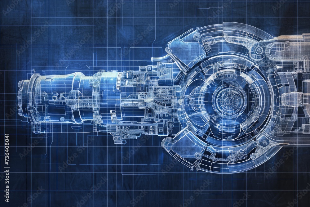 Poster a detailed blueprint image showcasing the design and dimensions of a substantial metal engine compon