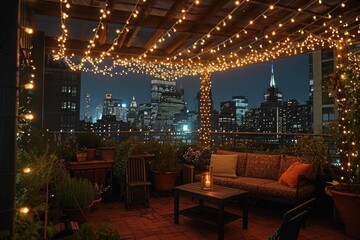 A well-lit patio adorned with comfortable furniture and string lights, An intimate rooftop garden draped in twinkling fairy lights, AI Generated