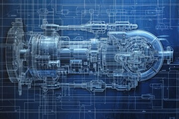 A detailed blueprint drawing showcasing the intricate design and components of a jet engine, An intricate blueprint of a robot's inner machinery, AI Generated
