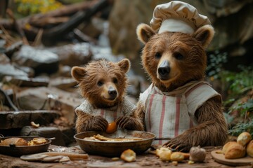 A skilled brown bear chef prepares a delectable outdoor feast for his fellow animal friends, showcasing the harmonious relationship between nature and food - obrazy, fototapety, plakaty