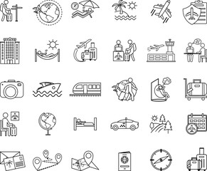 Travel Icons Set. Vector Icons of Vacation, Hotel, Tourism, Airplane, Travel Insurance, Train, Registration, Travel Agent, and Other