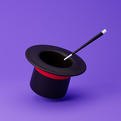 Magic hat with red ribbon and magic wand stick isolated over purple background. 3d rendering.