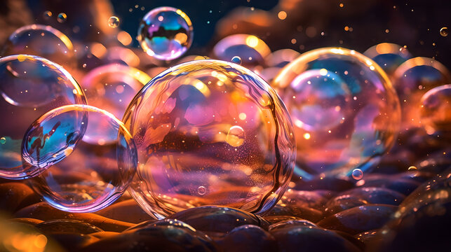 Bubbles floating in the air with a colorful glow