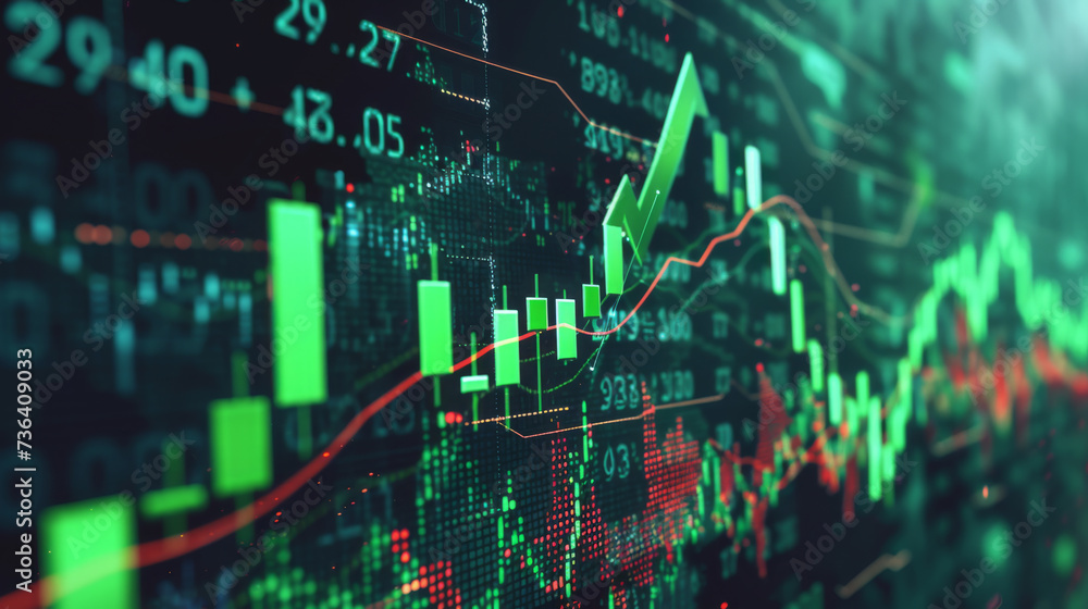 Poster digital graphical representation of a stock market with fluctuating graphs, numerical data, and upwa