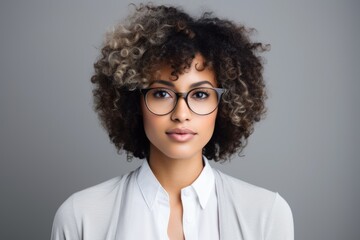 Obraz premium A woman wearing glasses and a white shirt is captured in this photograph.