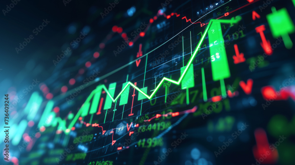 Poster digital graphical representation of a stock market with fluctuating graphs, numerical data, and upwa