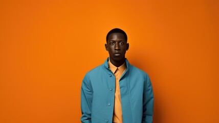 Obraz premium A man wearing a blue shirt and orange tie stands confidently in front of the camera.