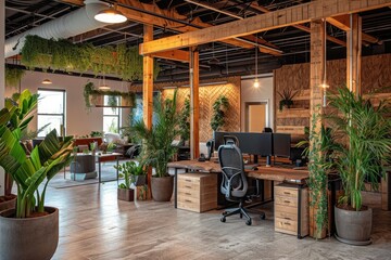 Fototapeta premium An office filled with numerous plants and greenery, creating a refreshing and vibrant atmosphere, An office space with a rustic charm and an open-air feel, AI Generated