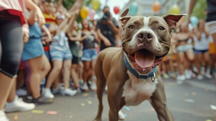 A pit bull dog dancing at music event - obrazy, fototapety, plakaty