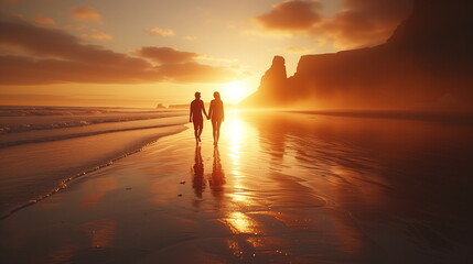 Silhouetted couple holding hands on a serene beach with the warm glow of the setting sun. - obrazy, fototapety, plakaty