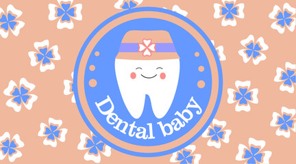 Business card with logo for dentistry baby. Cute tooth in a hat in a blue circle. Pink background with flowers. Vector.