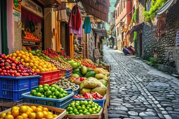 Fototapeta na wymiar Vibrant Street Overflowing With Fresh Fruits and Vegetables, An old cobbled street in a town with colorful market stalls filled with fresh summer fruit, AI Generated
