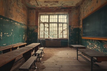 An empty classroom with rows of wooden benches and a chalkboard at the front, An old desolate classroom with cobwebs and dust, AI Generated
