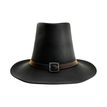Wide-brimmed black pilgrim's hat. Isolated on transparent background.