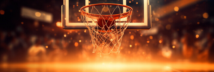 Konzept Banner Basketball, leuchtender Hintergrund, Basketballkorb, glänzender und leuchtender Boden