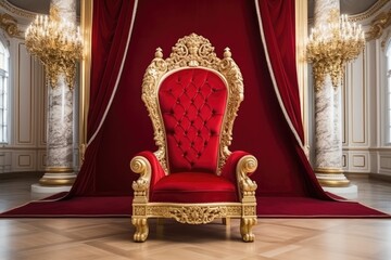Throne Room with Gold royal chair, Luxury royal throne with red velvet curtain. 3d render, Ai generated - obrazy, fototapety, plakaty