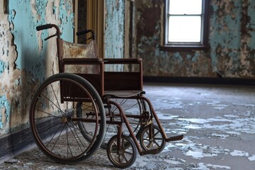 Fototapeta na wymiar An abandoned old wheelchair sits in a room with peeling paint, showcasing the passage of time and neglect, An old rusty wheelchair in an abandoned hospital, AI Generated