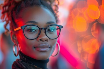 A beaming woman with glasses adds a touch of intellectual charm to her friendly smile, exuding confidence and style in her eyewear