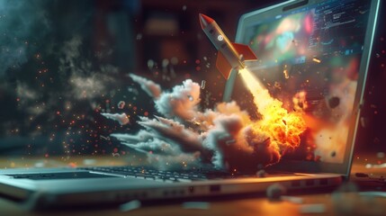 the rocket going out of a laptop screen - obrazy, fototapety, plakaty