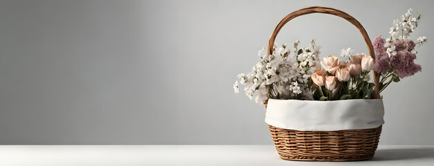 A Basket of White Flowers and Daisies Adorning a Wooden Table. Women's Day. Horizontal. Background with copy space. Banner