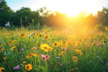 Fototapeta premium A vibrant field covered in a sea of yellow and purple flowers stretching as far as the eye can see, An open field lit by the golden sun with vibrant wildflowers in full bloom, AI Generated