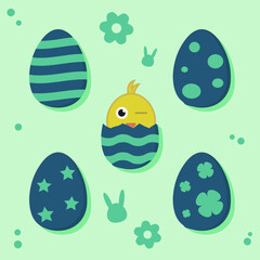 Easter eggs. Easter. Easter greetings. Vector illustration. Set. Silhouettes. Rabbit. Chicken. Multicolored. Holidays Decorations. Postcard