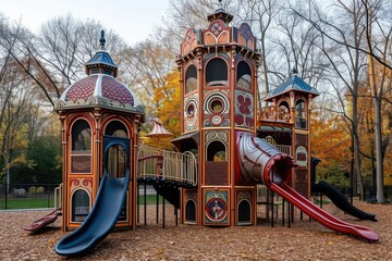 A brightly colored playground features a tall tower and a thrilling slide for children to enjoy, An ornate playground inspired by Victorian architecture, AI Generated
