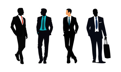 Silhouettes isolated, graphic of businessmen set vectors, male model wearing official suits and standing in different positions