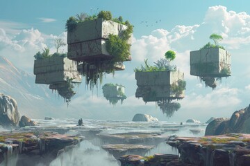 A collection of cubes defying gravity as they float in mid-air over a reflective body of water, An otherworldly alien landscape with floating rocks and strange plants, AI Generated