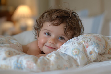 A portrait of an adorable girl lying in bed, radiating innocence and peacefulness.