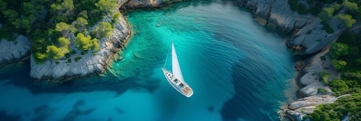 In the soothing ambiance of a summer paradise, a sailboat glides through turquoise waters. - obrazy, fototapety, plakaty