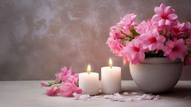 Beautiful Pink Flowers with Candles and Space for Copy